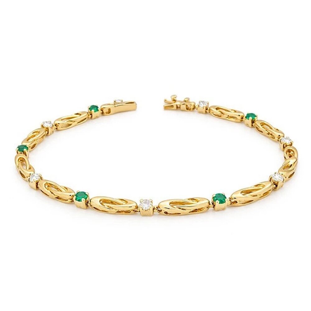 Genuine Emerald & Diamonds Bracelet 14k Yellow Gold